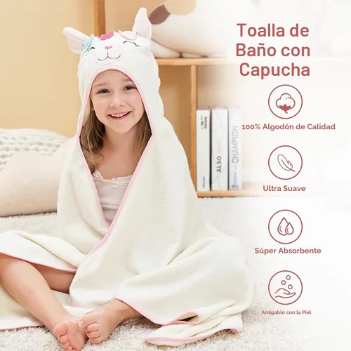 Vista 3 de Style Quarters - Toalla de baño para bebé, 100 % algodón de rizo suave con capucha, toalla de playa de alpaca de dibujos animados, toalla de playa