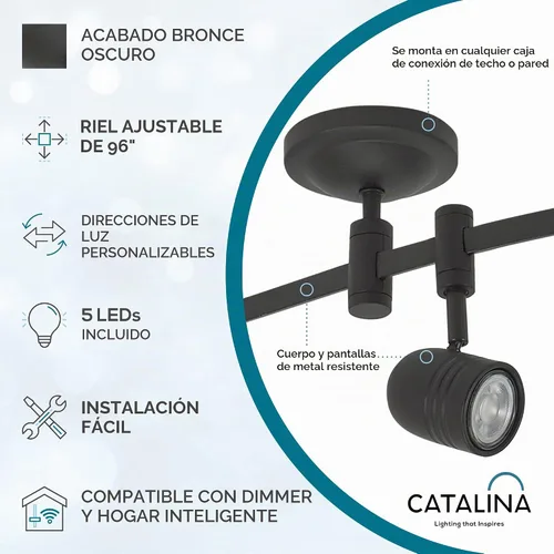 Vista 2 de Catalina Lighting Lámpara de Techo con Riel de 96", Bronce Frotado con Aceite, Riel Flexible LED Transicional de 5 Luces, Bombilla Incluida