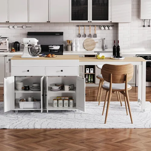 Vista 11 de RUNNA Isla de cocina acanalada de 82.6 pulgadas con mesa de comedor extensible para 4-6, mesa de isla para cocina con toma de corriente, mesa