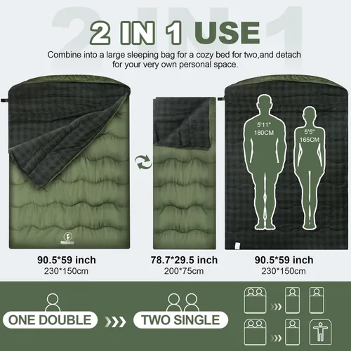 Vista 5 de Saco de dormir doble de franela de 0 grados para adultos, parejas o familia, tamaño Queen de invierno, impermeable y cálido, saco de dormir para 2