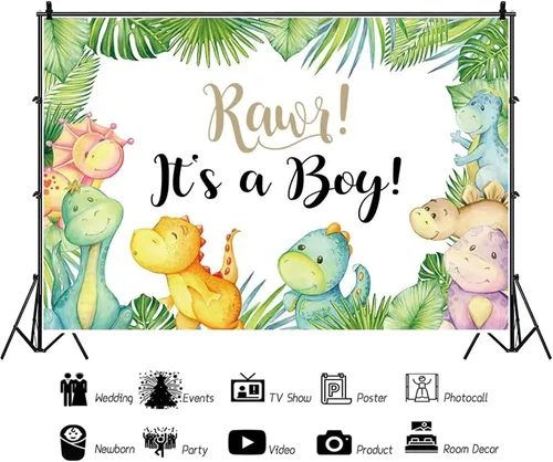 Vista 3 de Cartel de fondo de baby shower de dinosaurio pequeño de 7 x 5 pies con texto en inglés "It's A Boy" ("It's A Boy"), telón de fondo para baby shower