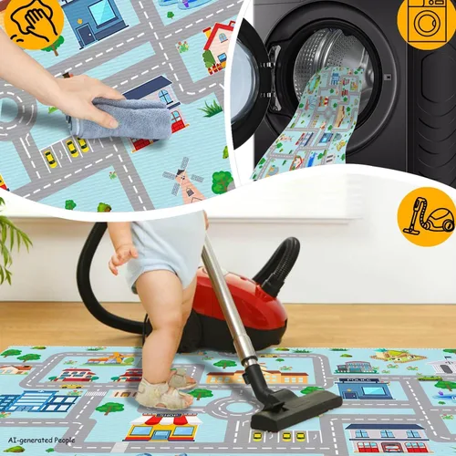 Vista 6 de Alfombra de coche para niños, 2 pies 7 pulgadas x 4 pies, alfombra de juego para trenes de autos de juguete, alfombra antideslizante para pista