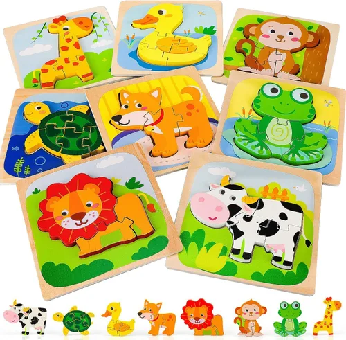 Vista 6 de TOY Life Juego de juguetes de madera con 2 autos de madera para bebés, 8 rompecabezas de madera de animales para niños pequeños
