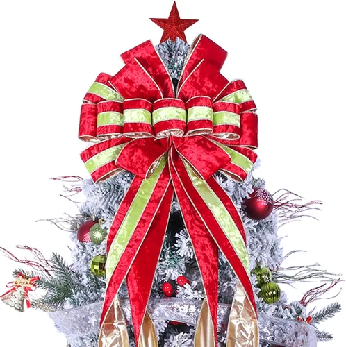 Vista 11 de Adorno de lazo grande para punta de árbol de Navidad y corona, lazo con cinta de poliéster con puntos verdes y rojos, para hogar, Acción de Gracias