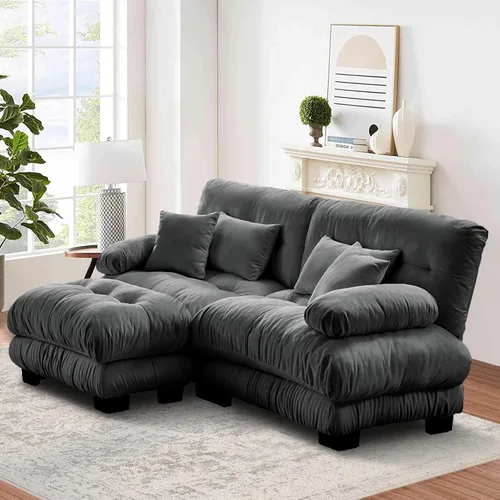 Vista 78 de Reposapiés Otomano Tapizado de Terciopelo con Cojín para Sofá Seccional Sofá 300 libras para Sala de Estar (Beige)