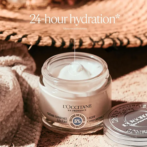 Vista 3 de L'OCCITANE Crema facial reconfortante ligera de karité, 1.7 fl oz: no comedogénico, hidratante ligero, calma la piel apretada, hidratante