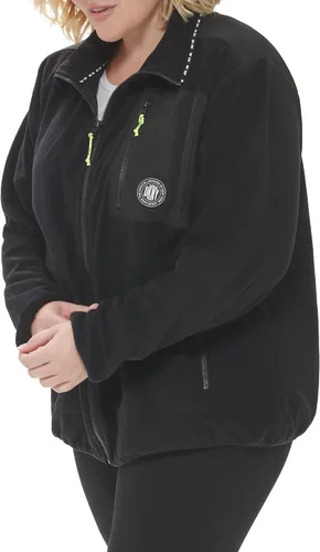 Vista 3 de DKNY Sudadera con capucha y cremallera cómoda para mujer, talla grande, color rosa, Negro