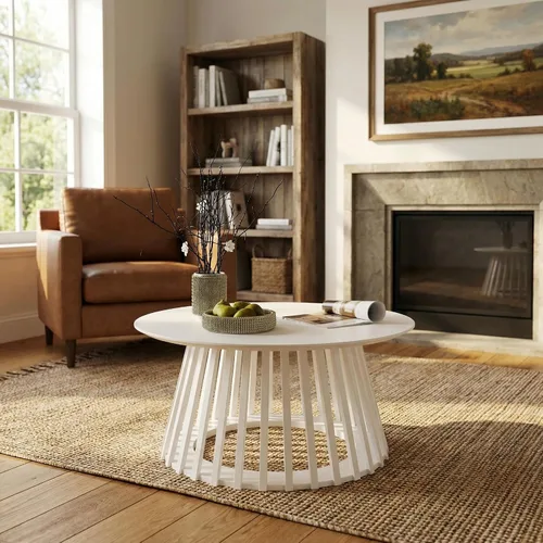Vista 6 de DUOMAY Moderna mesa de centro redonda de madera maciza con base geométrica, mesa central de madera resistente para sala de estar, salón, oficina