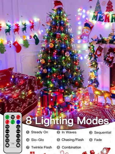 Vista 5 de Luces de Navidad para exteriores, 800 LED de 262 pies, luces de hadas multicolor IP67 impermeables, tira de luces enchufables con control remoto, 8