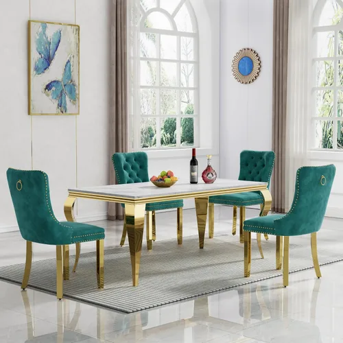 Vista 80 de Juego de 4 mesas de comedor blancas y doradas, mesa de cocina rectangular de 68 pulgadas con parte superior de mármol sintético blanco, mesa de Mesa