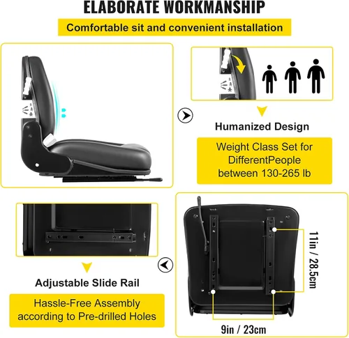 Vista 5 de VEVOR Asiento de tractor de PVC, asiento de carretilla elevadora universal ajustable de 6 pulgadas/5.906 in, asiento de corte de peso de 3 etapas
