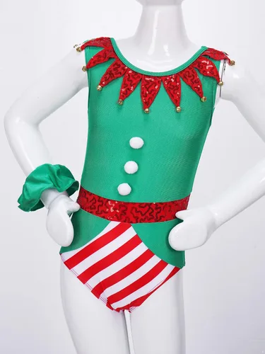 Vista 4 de TiaoBug Disfraces de elfo de Navidad para niñas y niñas, leotardo de gimnasia, trajes de ballet de una pieza