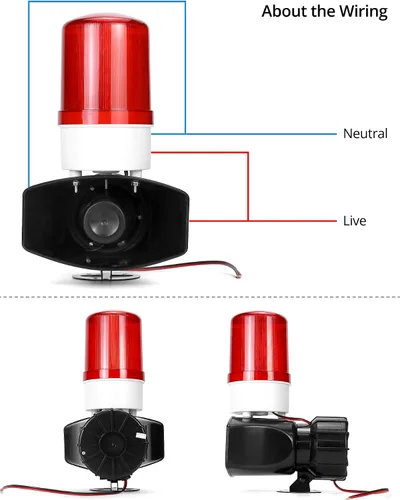 Vista 4 de QWORK Alarma de sonido y luz AC110V, alarma de alta intensidad de 115dB con 90-150 destellos por minuto, sistema de advertencia de emergencia LED