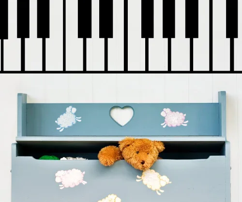 Vista 6 de Pegatina de pared con teclas de piano. Decoración de instrumentos musicales. - Negro, 10" x 72". Fácil de aplicar y quitar.