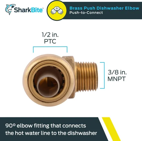 Vista 2 de SharkBite Codo de lavavajillas de 90 grados de 1/2 pulgada x 3/8 pulgadas, MNPT, empuje para conectar accesorios de plomería de latón, tubo PEX