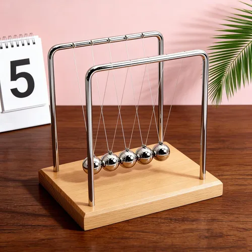 Vista 6 de Newton's Cradle - Pelotas oscilantes con péndulo de equilibrio con base de haya, juguete de ciencia y física, juguete para calmar la ansiedad Base