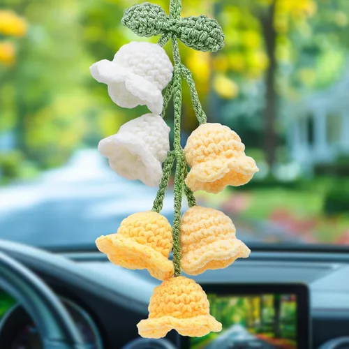 Vista 13 de Accesorios para colgar espejos de automóvil, colgante de flor de lirio tejido hecho a mano, bonita decoración colgante de ganchillo para espejo