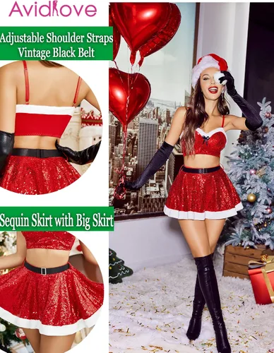 Vista 4 de Avidlove Conjunto de lencería de Navidad para mujer, lencería de Papá Noel, disfraz de lentejuelas, ropa de dormir