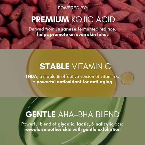 Vista 3 de SkinSetGo - Suero de ácido kójico para cara y cuerpo, ácido kójico prémium con vitamina C, mezcla AHA y BHA, suero diario ligero de 1 onza