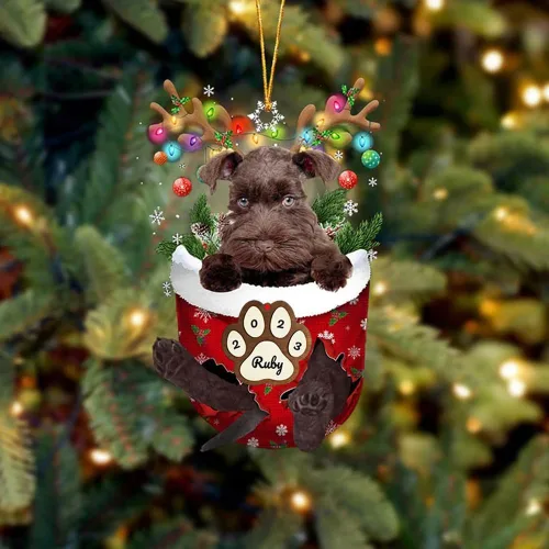 Vista 180 de Adornos personalizados de Pug cervatillo – Decoración personalizada para árbol de Navidad con patas de bolsillo de nieve