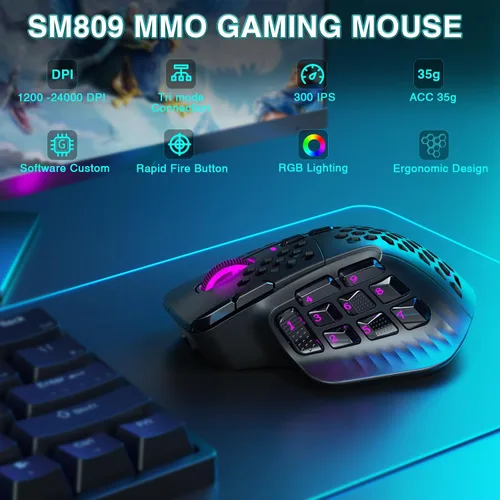 Vista 2 de SOLAKAKA SM809 Pro - Mouse para juegos con 9 botones laterales, mouse RGB de 24000 DPI para jugadores, 16 macros programables MMO, color negro
