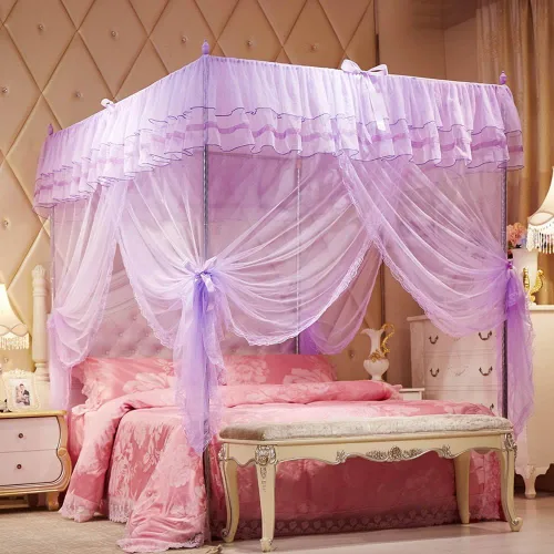 Vista 2 de Mosquitero para cama con detalles de encaje. Mosquitero de lujo mosquitero de cuatro esquinas para cama princesa, para interior o exterior Morado