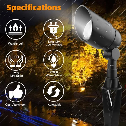 Vista 6 de Iluminación de paisaje LED de 12 V 5 W, aluminio fundido, impermeable, bajo voltaje, 450 lúmenes, blanco cálido para jardín, césped, porche, patio