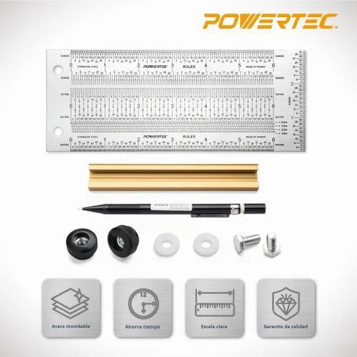 Vista 2 de POWERTEC Regla T de Marcado de Precisión de 6 Pulgadas, Regla T con Lápiz para Medir, Trazar, Establecer Altura de Brocas, Herramientas de Marcado