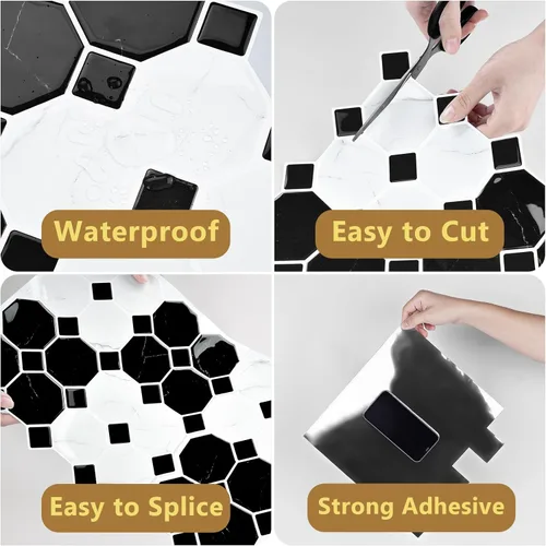 Vista 8 de Wallercity Azulejos de Mármol Negro/Blanco Despegar y Pegar Salpicadero 12''x12'' Cocina Piedra Impermeables Autoadhesivos Aspecto de Mármol