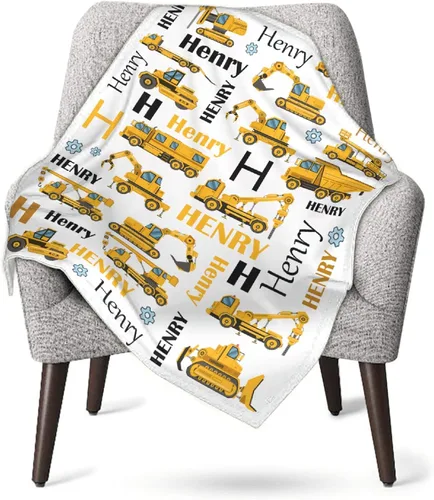 Vista 9 de Manta de Bebé Personalizada con Camiones de Construcción Personalizados Camión Volquete Mantas con Nombre para Niños y Niñas Manta Suave de Arrullo