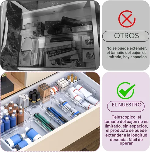 Vista 4 de Organizador de cajones transparente de 14 piezas, caja de almacenamiento de cajones ajustables, organizador de cajones de escritorio de 3 tamaños