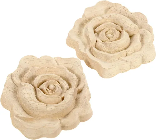 Vista 10 de MUXSAM Apliques tallados en madera de rosa, paquete de 2 mini calcomanías de madera sin pintar para armario, pared, tocador, cama, espejo, chimenea