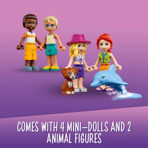 Vista 5 de LEGO Friends Vacation Beach House 41709 Kit de construcción; regalo para niños mayores de 7 años; incluye una mini muñeca Mia, más 3 personajes más