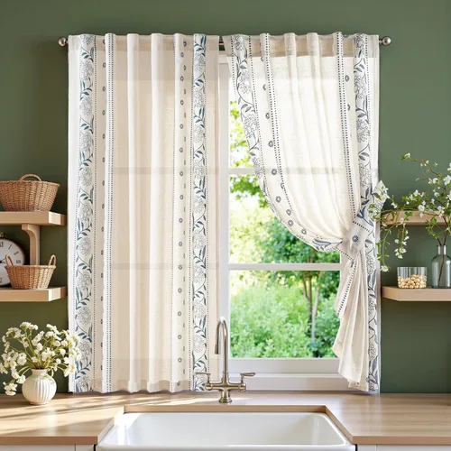 Vista 29 de jinchan Cortinas de lino floral beige para cocina, 24 pulgadas, 2 paneles A Beige