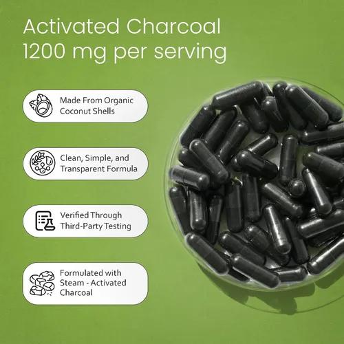 Vista 4 de NaturaLife Labs Carbón activado 1200 mg por porción - de cáscaras de coco - 100 cápsulas vegetales - Sin OMG, sin gluten, vegano (2)