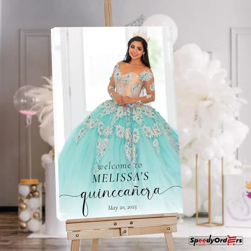 Vista 5 de Letrero de bienvenida personalizado de quinceañera con foto, letrero de bienvenida personalizado de Mis Quince Anos, elegante decoración
