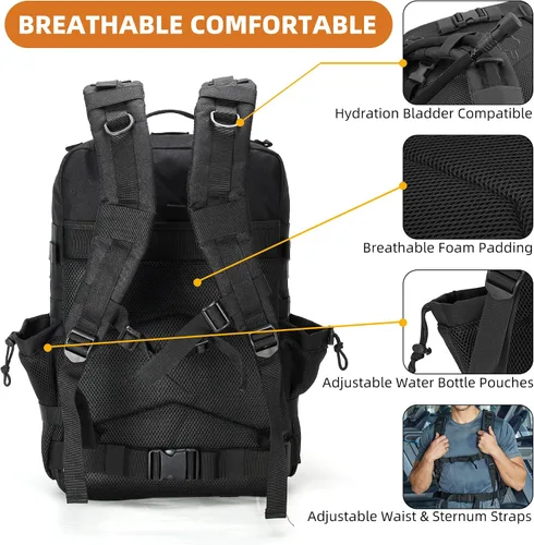 Vista 6 de gracedon Mochila Táctica Militar para Hombres y Mujeres, Mochila de Campamento del Ejército, Mochila de Asalto de 45L para Viajes, Senderismo (Negro)