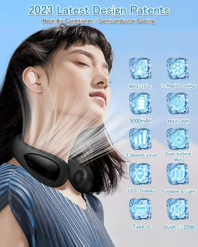 Vista 2 de Aire acondicionado de cuello, ventilador de cuello portátil de 5000 mAh con semiconductor de refrigeración de flujo de aire sin aspas, ventiladores