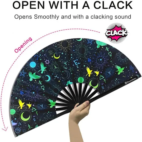 Vista 3 de Ventilador plegable grande, ventilador Clack Rave de 13 pulgadas, ventilador de mano para mujeres y hombres con tela de satén de alta calidad, marco