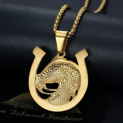 Vista 4 de Collar de acero inoxidable con colgante de caballo de animal de la suerte, cadena de 24 pulgadas, hip hop, herradura, regalo de joyería