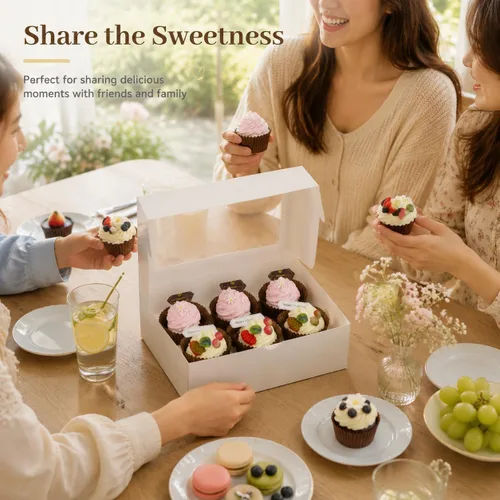 Vista 7 de Pralb Paquete de 20 cajas blancas para cupcakes con insertos, 6 soportes, cajas blancas estándar de panadería con ventana de PVC, recipientes