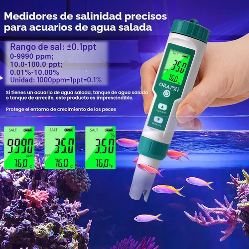 Vista 4 de PORAPXI - Probador digital de salinidad y pH para piscinas, jacuzzis y spas de agua, medidor digital 5 en 1 Digital Salinity Tester 5 in 1 pH Salt