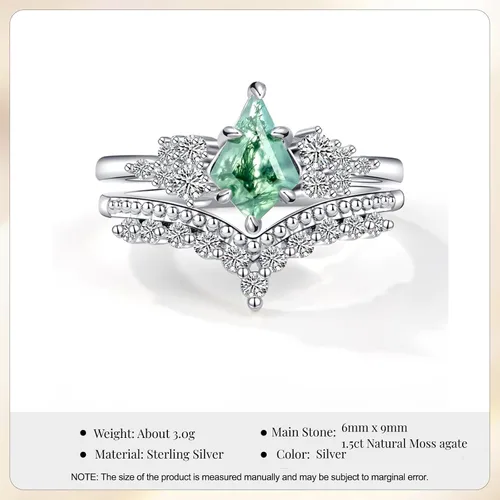 Vista 6 de ELMERA Anillo de compromiso para mujer, plata de ley 925, ágata musgo natural, anillo de promesa para ella, anillo de compromiso de ágata musgo