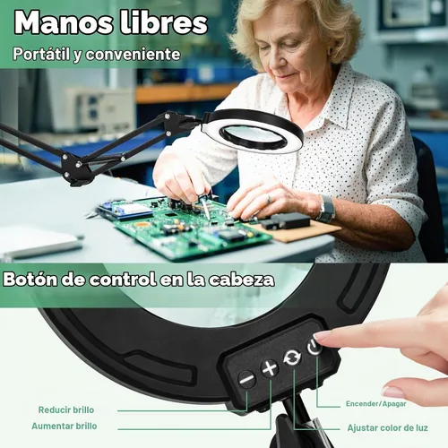 Vista 6 de 12 lupas con luz, lámpara de escritorio LED ultra larga de 3 secciones con brazo oscilante con abrazadera grande, 5 colores y brillo, lupa manos