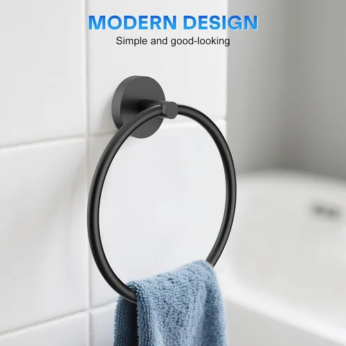 Vista 6 de Portatollas de Mano Atornillable Negro Mate Anillo para Toallas para Pared de Baño de Acero Inoxidable Colgador de Toallas Redondo para Accesorios