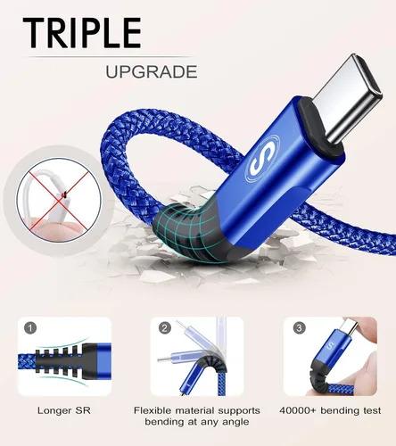 Vista 6 de Cable USB C a USB C de 100 W de carga rápida de nailon trenzado de 3.3 pies, paquete de 2 unidades, azul sweguard Cable de carga tipo C