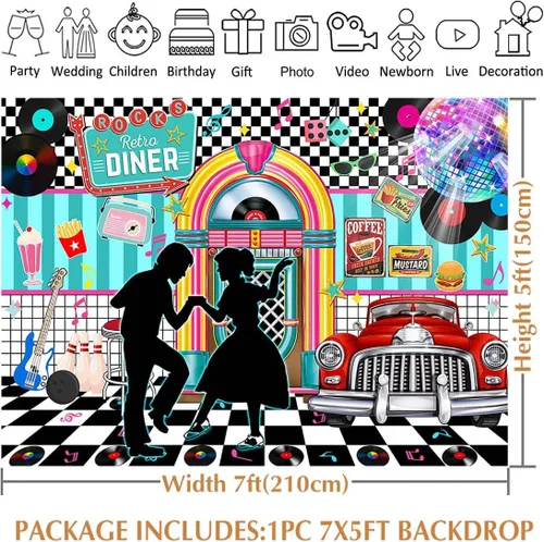Vista 5 de Avezano Fondo retro de 7 x 5 pies de regreso a los años 50 Rock and Roll Retro Diner Disco Danza Fotografía Fondo de los años 50 Fiesta Tema Banner