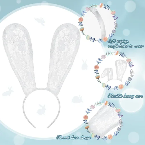 Vista 3 de Paquete de 2 diademas de encaje para mujer diseño de orejas de conejo color blanco para mujeres adultos niñas niños Pascua fiesta de máscaras