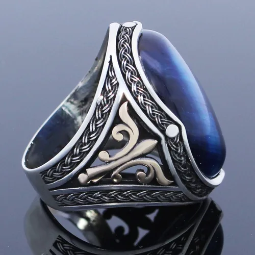 Vista 3 de mysilverworld Anillo de plata de ley 925 ovalada, ojo de tigre azul