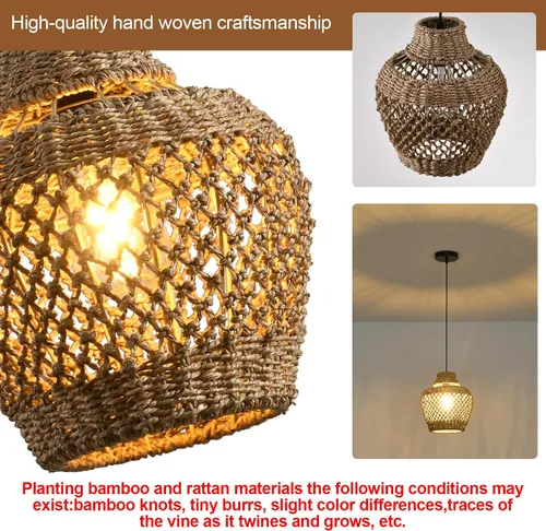 Vista 5 de lámparas colgantes de ratán, luz colgante de ratán boho de 11.02", juego de 2 lámparas colgantes tejidas a mano de seagrass para lugares de trabajo
